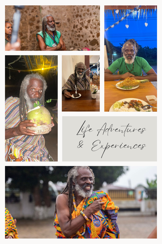 Photo collage of Brian Templeton's life - traditional African setting, food experiences, cultural moments, and personal journey